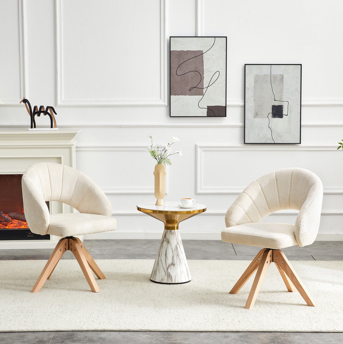 2 Delige Draaibare Kuipstoelen - 360 Graden Stil - Retro Eetkamerstoel Met Armleuningen - Voor Eetkamer En Woonkamer - Stof - Wit Hout