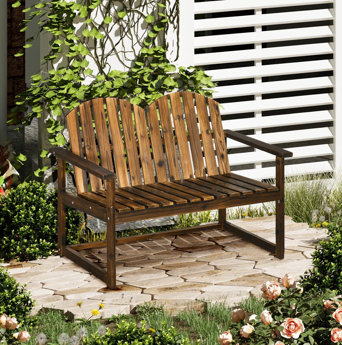 MEUNIQ tuinbank 2-zits 114 x 63 x 86 cm van dennenhout met rugleuning en armleuningen, lattenbank voor tuin of balkon, gekarboniseerd, max. 240 kg, bruin