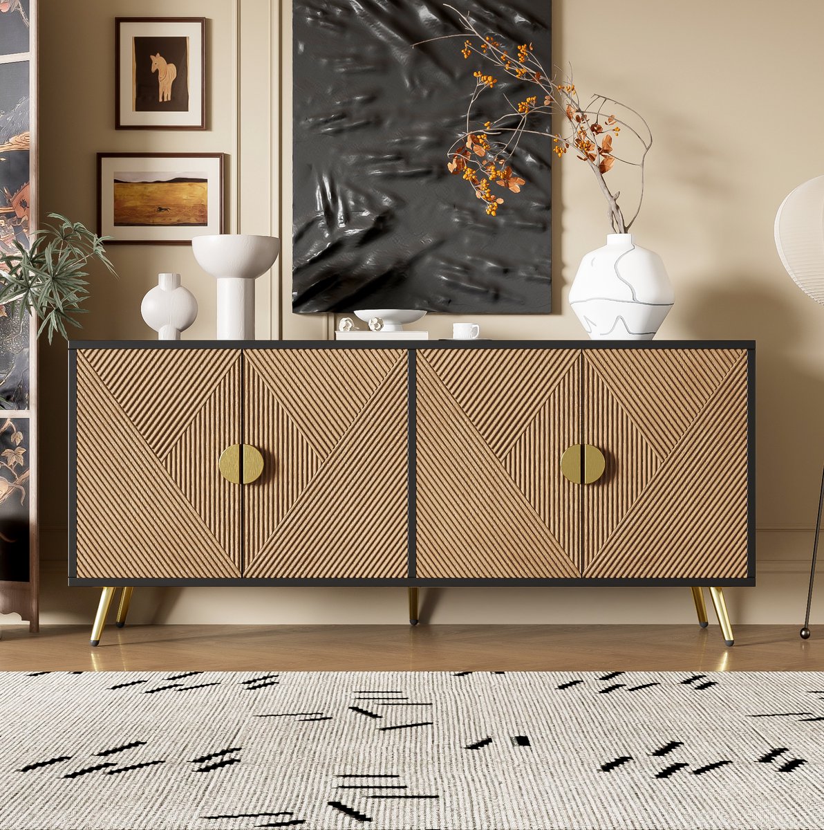 MEUNIQ dressoir 160 x 40 x 75 cm met 4 deuren en soft-close scharnieren, sideboard voor woonkamer, eetkamer of slaapkamer, zwart en houtkleur