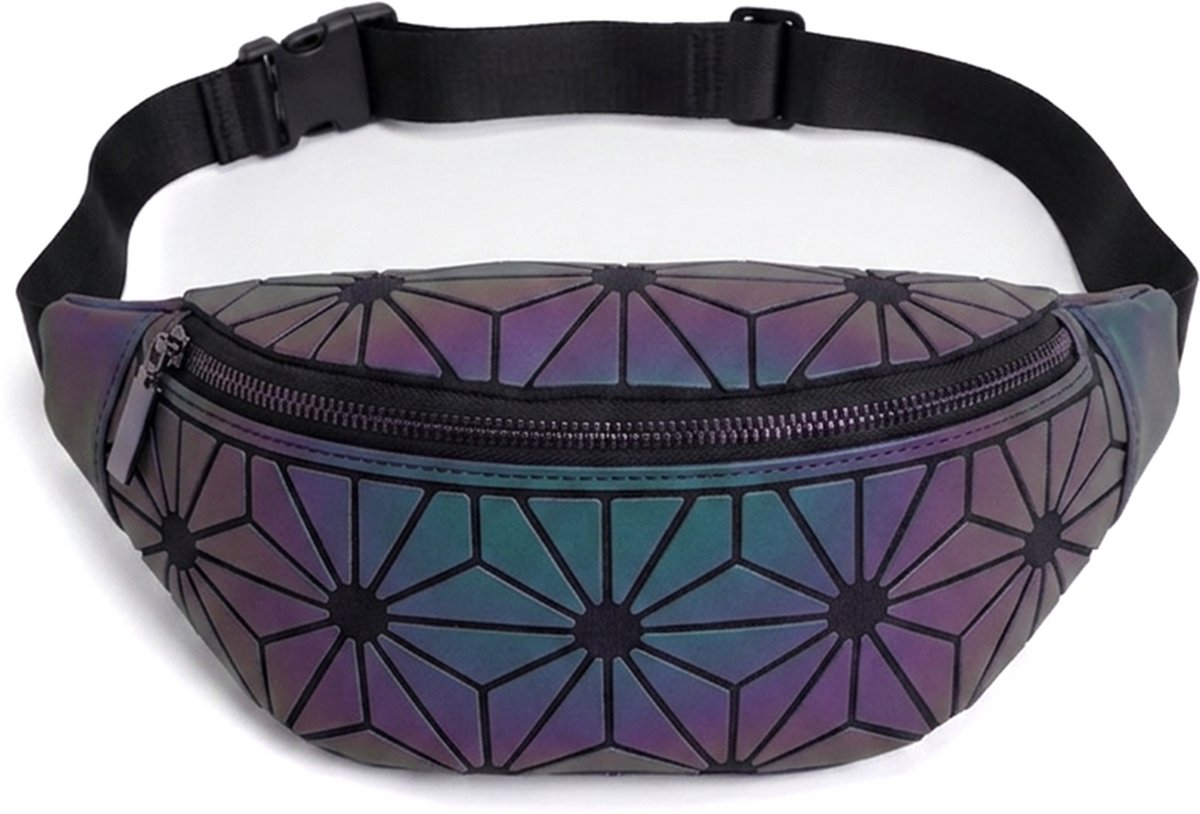 KIMU® Reflecterende Heuptas Geometrische Lijnen - Fanny Pack Tasje Heuptasje - Paars Reflector Blauw Ster Cyber Festival