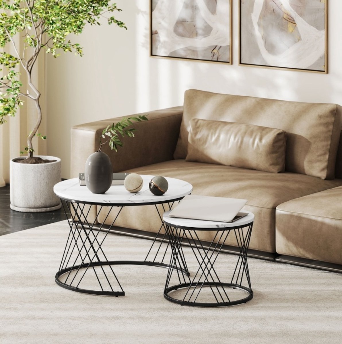 MEUNIQ salontafel set van 2 rond 70 x 70 x 46,5 cm en 44,5 x 44,5 x 39 cm nestbaar marmerlook wit met metalen frame voor woonkamer