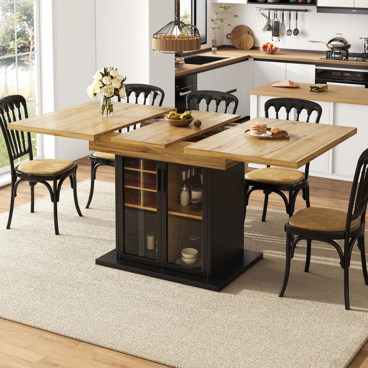 DESMIU Eettafel - Uitschuifbaar Met Uitneembaar Wijnrek En Glazen Deur - Voor Keuken En Woonkamer - MDF En Metaal - 110-140x80x76 Cm - Zwart Black