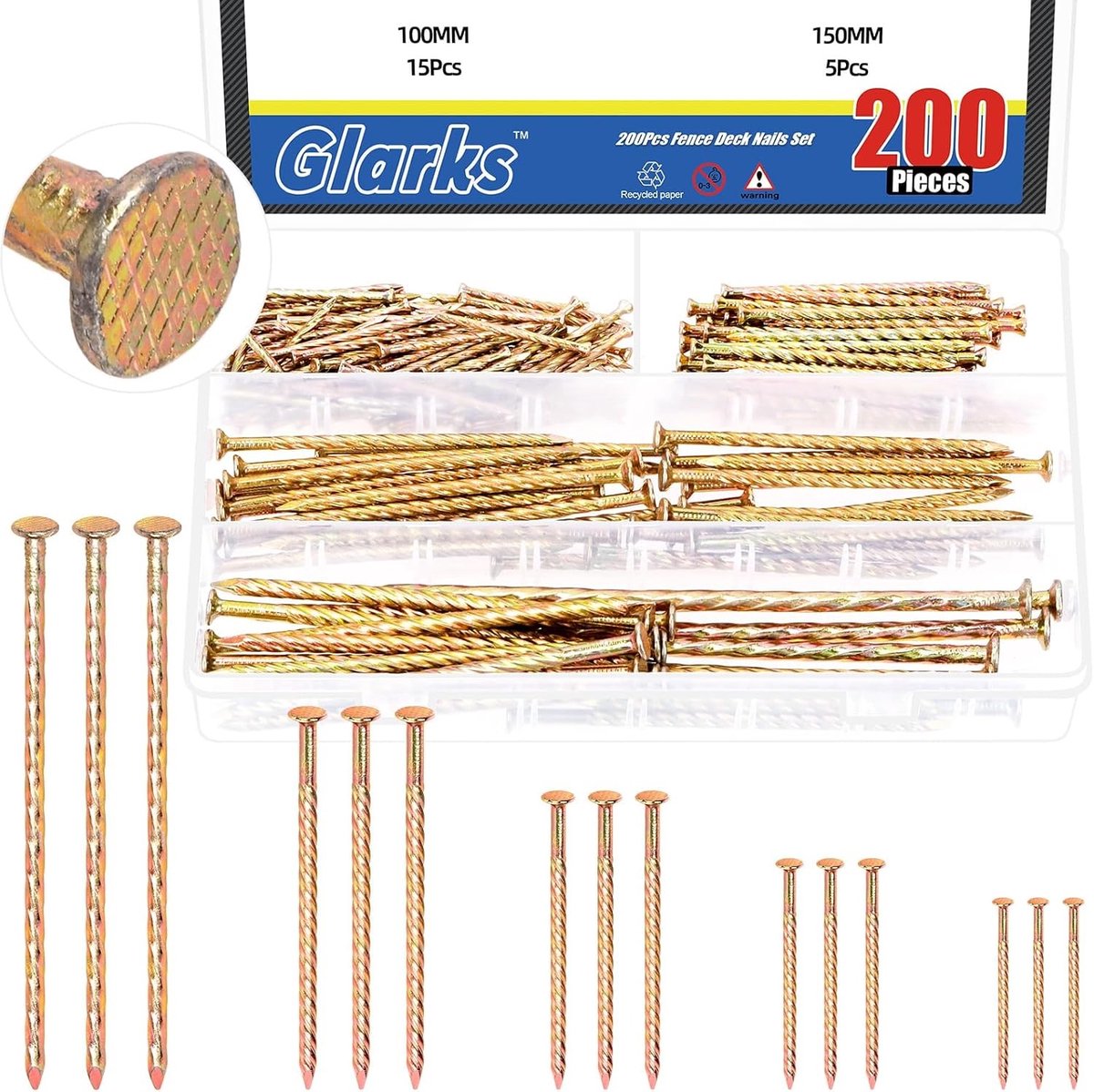 200 Stuks 40/60/80/100/150mm Spijkers voor Tuinhekken en Terrassen, Gecoate Stalen Schroefspijkers voor Vloer- en Wandreparatie
