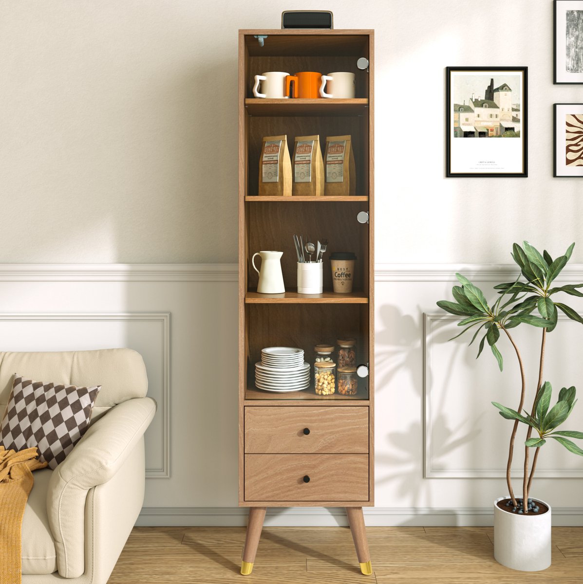 HAUSS SPOLE Vitrinekast - Glazen Deur Met Verstelbare Planken En 2 Lades - Voor Woonkamer Badkamer Of Kantoor - MDF Houtlook - 39,8x35x160 Cm