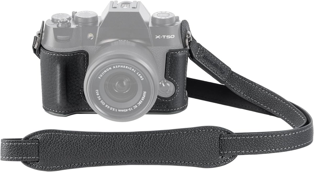 Half Leather Case Set met Schouderband voor FUJIFILM X-T50, Retro Stijl, Aluminium Legering, Zwart - Bescherming, Stijl en Functionaliteit voor Fotografie