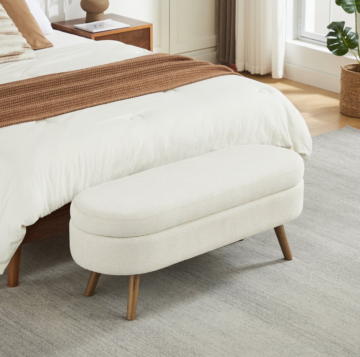 HAUSS SPOLE Bankje Met Opbergruimte - Gestoffeerde Chenille Zitting Met Ventilatie - Voor Slaapkamer Hal Of Woonkamer - Beige - 110 Cm