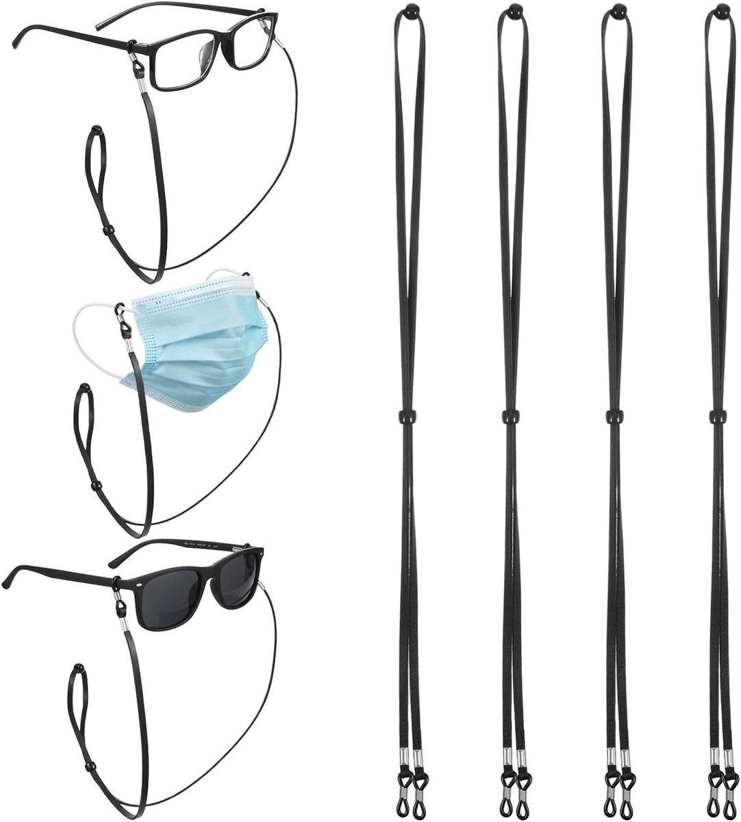 Set van 4 Zwarte Brilbanden, Sportieve Brilstraps voor Mannen en Vrouwen, Geschikt voor Zonnebrillen, Leesbrillen en Correctiebrillen