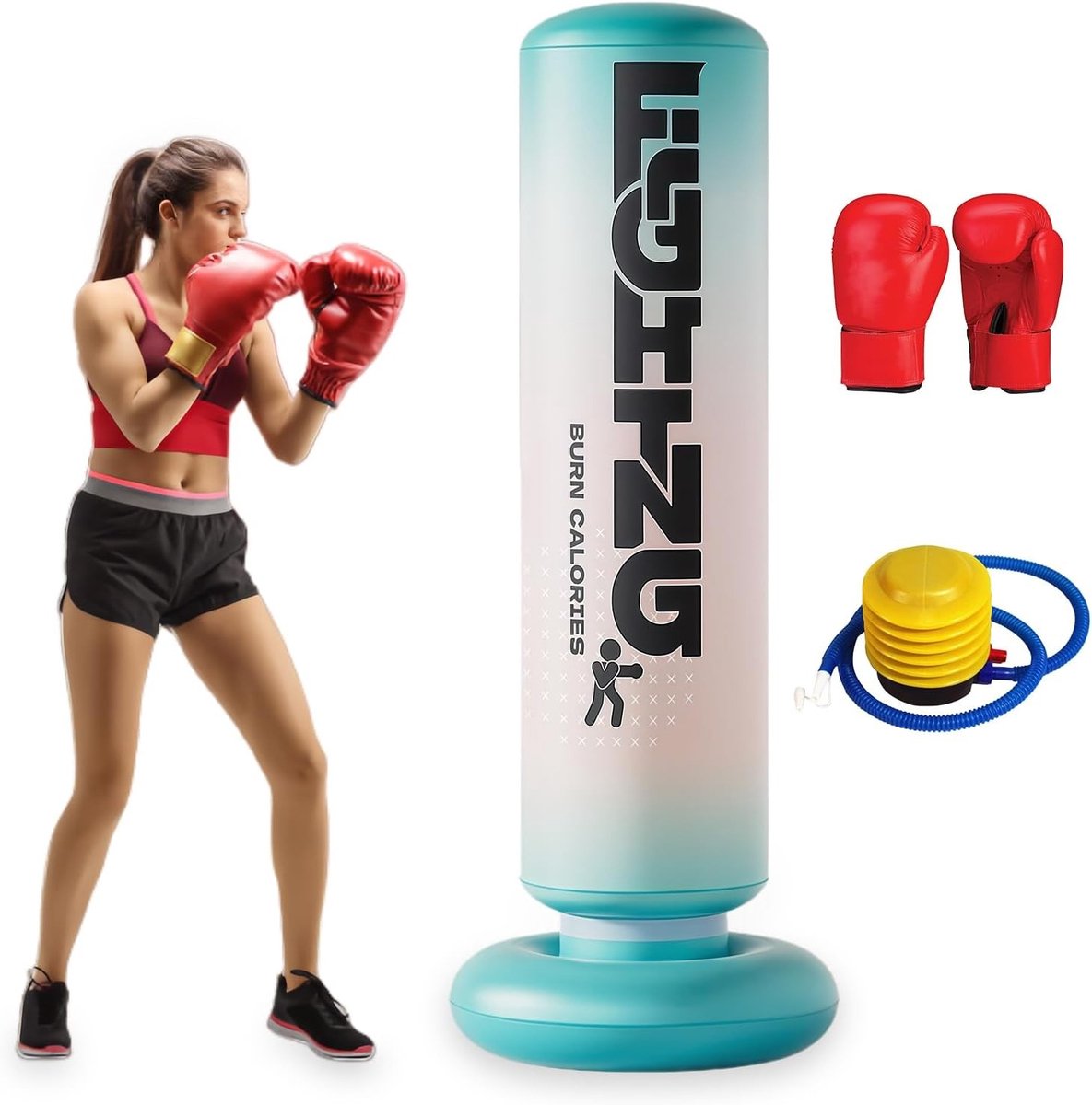 Inflatable Punching Bag van 180 cm met Stabiele Basis, Inclusief Bokshandschoenen, Ideaal voor Bokstraining en Stressvermindering voor Jongeren en Volwassenen