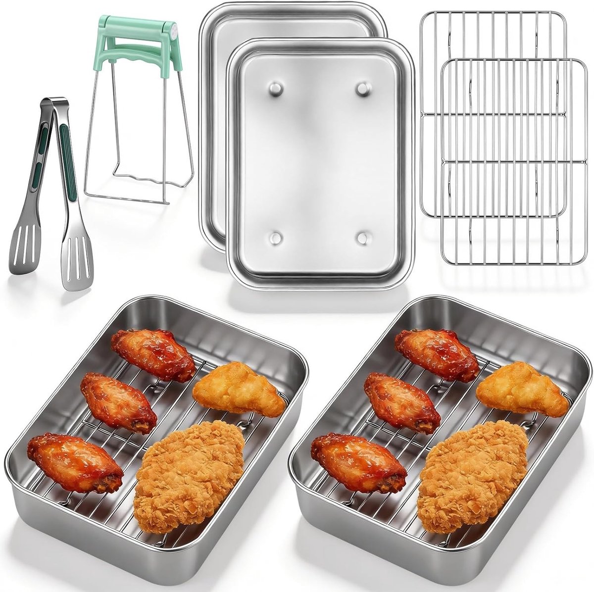 2-delige RVS Air Fryer Liner Set 20 x 15 x 5cm met Rack, Tangen en Lifter, Geschikt voor Ninja en COSORI, Duurzaam en Veelzijdig Keukenaccessoire