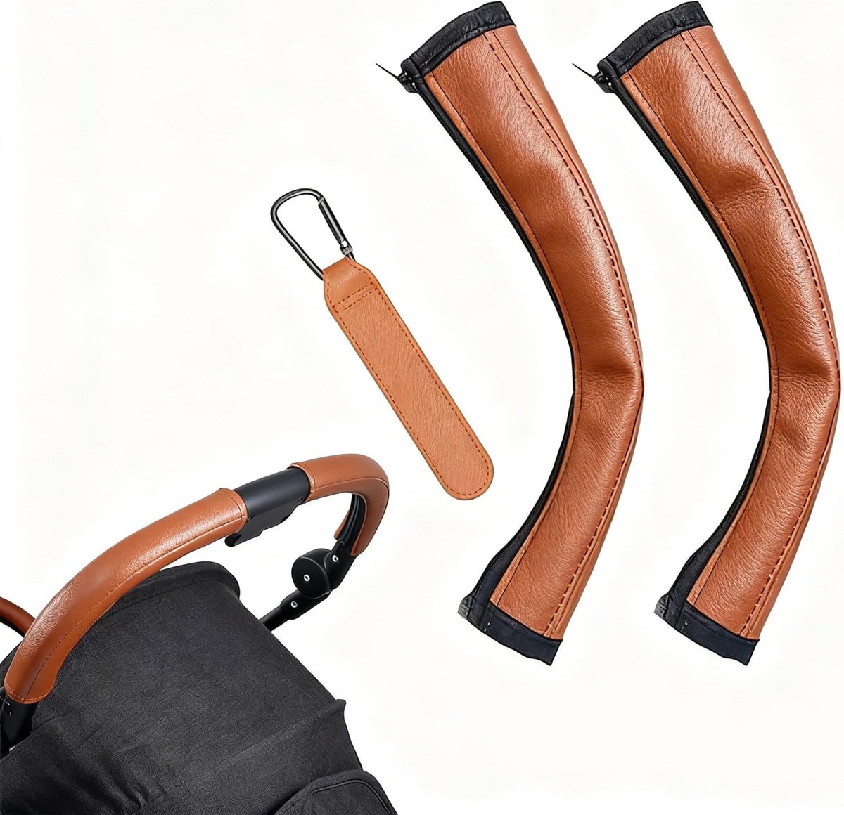Verwijderbare Handvatten voor Kinderwagens - Bruin PU Leer, Accessoires voor Buggy's met Ritsopening en Comfort Grip