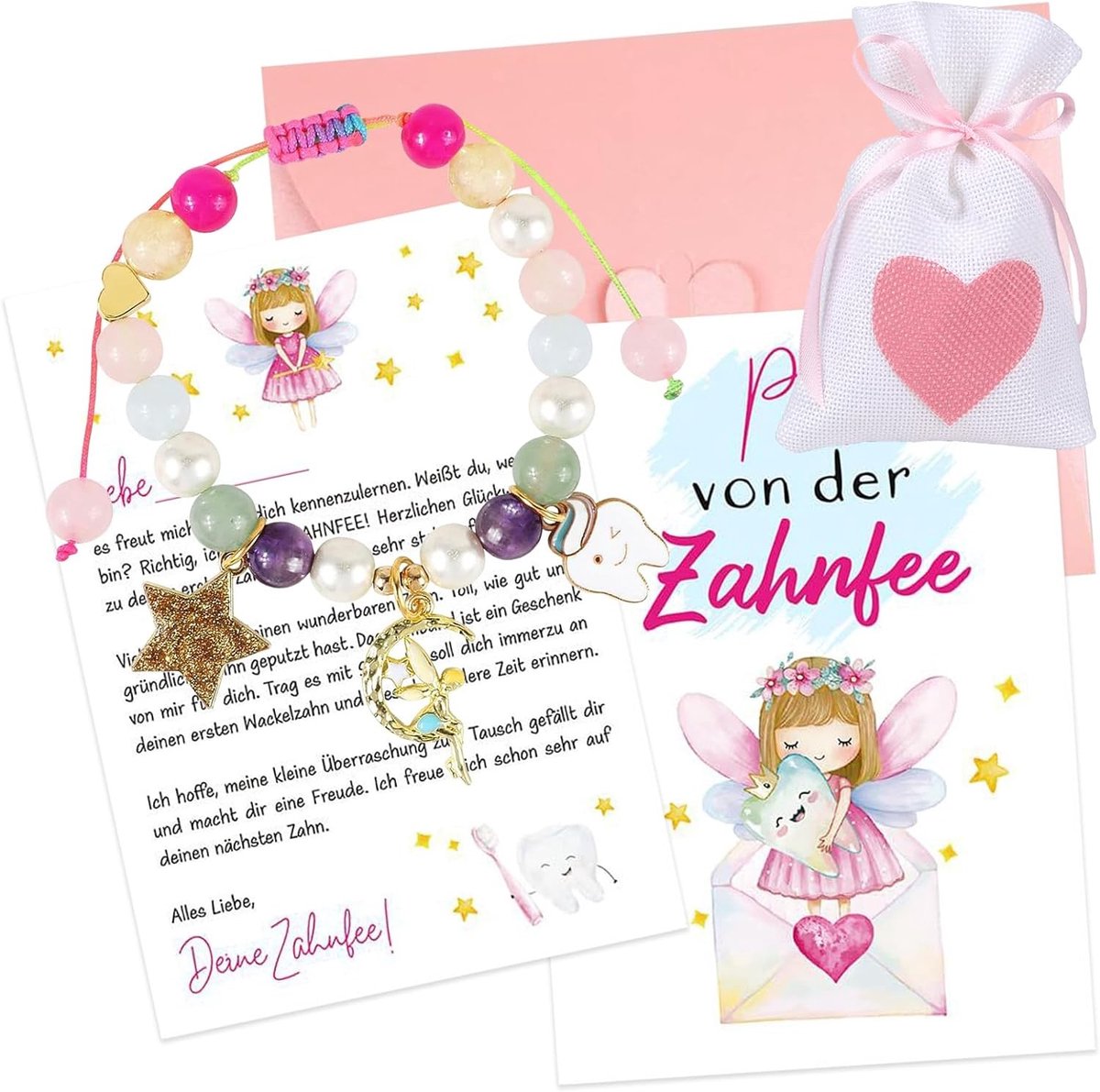 Zahnfee Cadeau voor Meisjes - Tandfee Armband, Postkaart, Envelop, Rozen Set en Stoffen Tas voor Verjaardag, Doop, Kerst en Meer