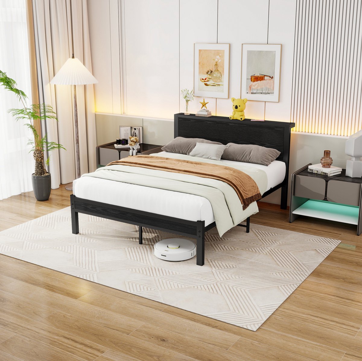 FloraGrace Bed 120x200 cm - Metalen Bedframe Met Hoofd- en Voetbord - Met Opbergruimte Onder Bed - Zonder Matras - MDF en Metaal - Zwart