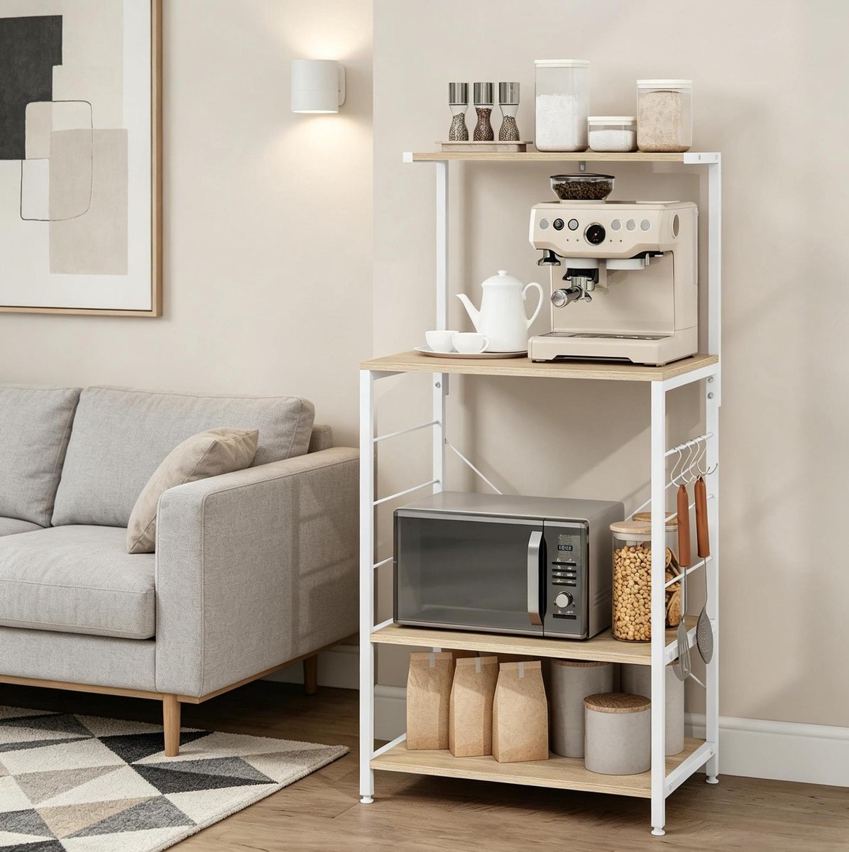 STILVORA Boekenkast – 60 x 123 x 40 cm – Open Opbergrek Voor Microgolf En Keuken – Hout En Staal – Wit En Licht Eiken – 4 Planken Met Haken
