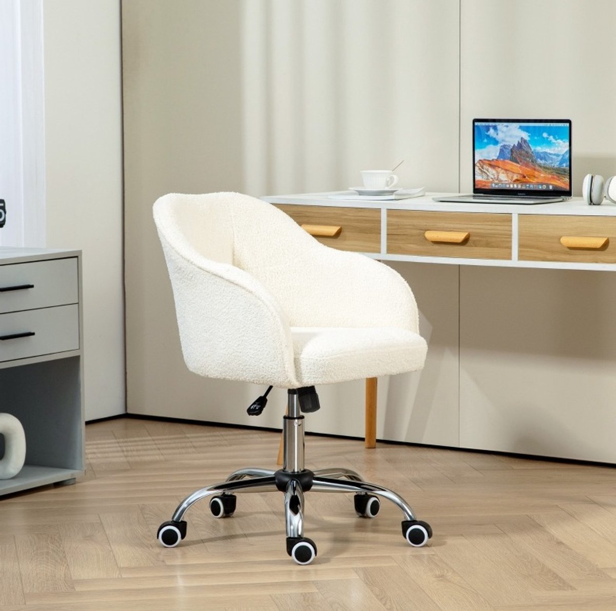 MIVRAY Bureaustoel 56 x 61 x 76-86 cm - Ergonomisch Hoogteverstelbaar Met Wipfunctie En Wielen - Voor Thuiswerkplek En Slaapkamer - Polyester Crèmewit