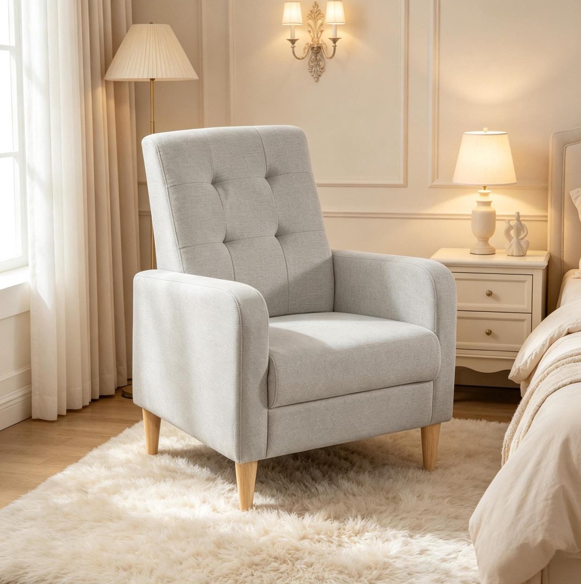 MIVRAY Fauteuil 61 x 54 x 90,5 cm - Hoge Rugleuning Met Armleuningen - Voor Woonkamer En Slaapkamer - Linnen Hout Lichtgrijs