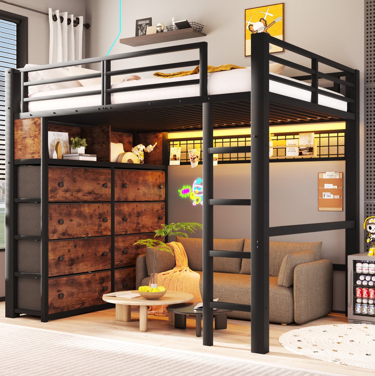 STILVORA Hoogslaper 140x200 cm – Met 8 Lades En LED-Verlichting – Met Opbergrekken En Pegboard – Voor Kinderen – Metaal En MDF – Zwart – Zonder Matras