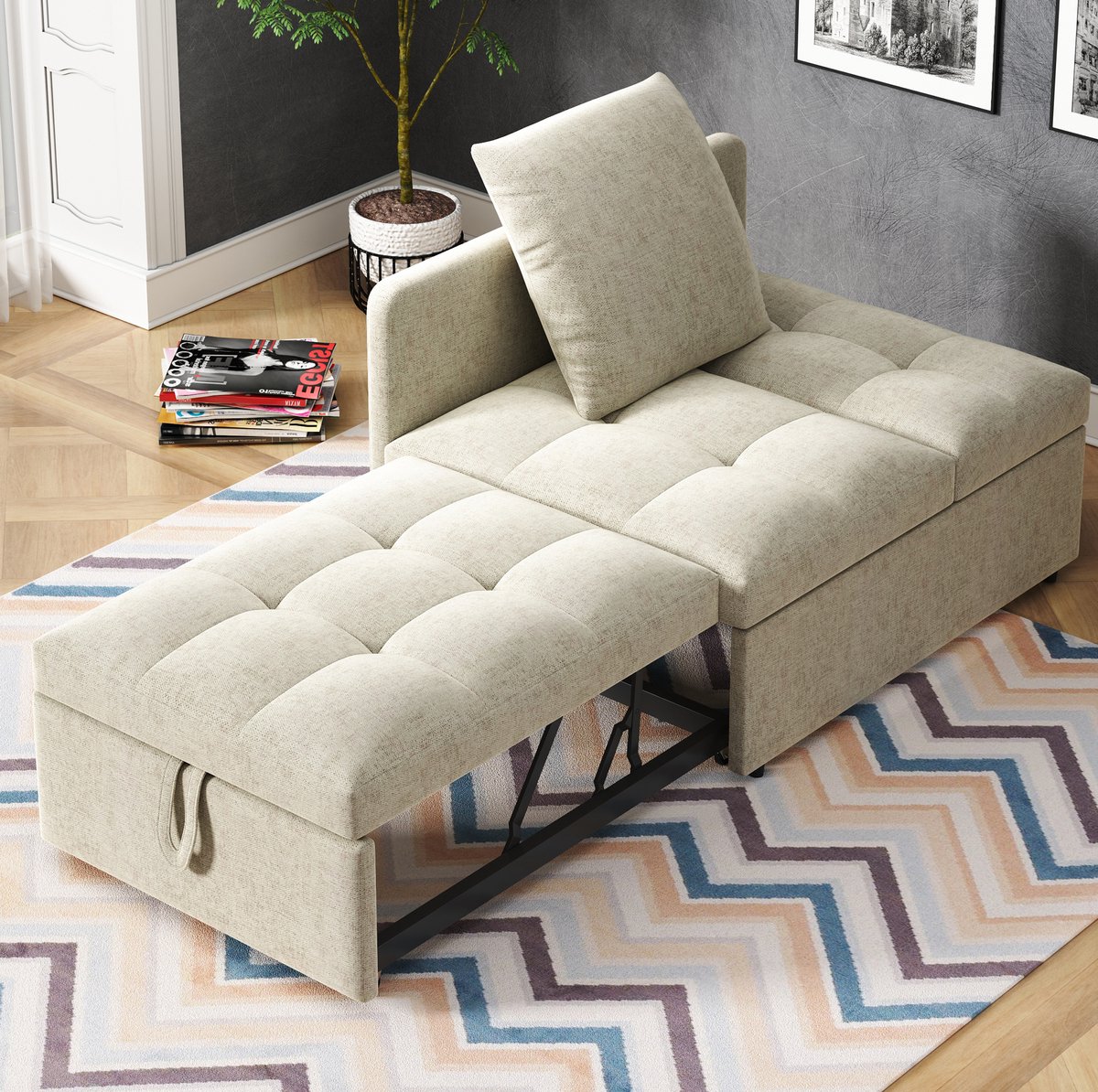 DESMIU Slaapbank 177 x 68 x 65 Cm - 3 In 1 Met 5-Standen Verstelbare Rugleuning - Voor Kleine Ruimtes En Logeerkamer - Linnen Beige