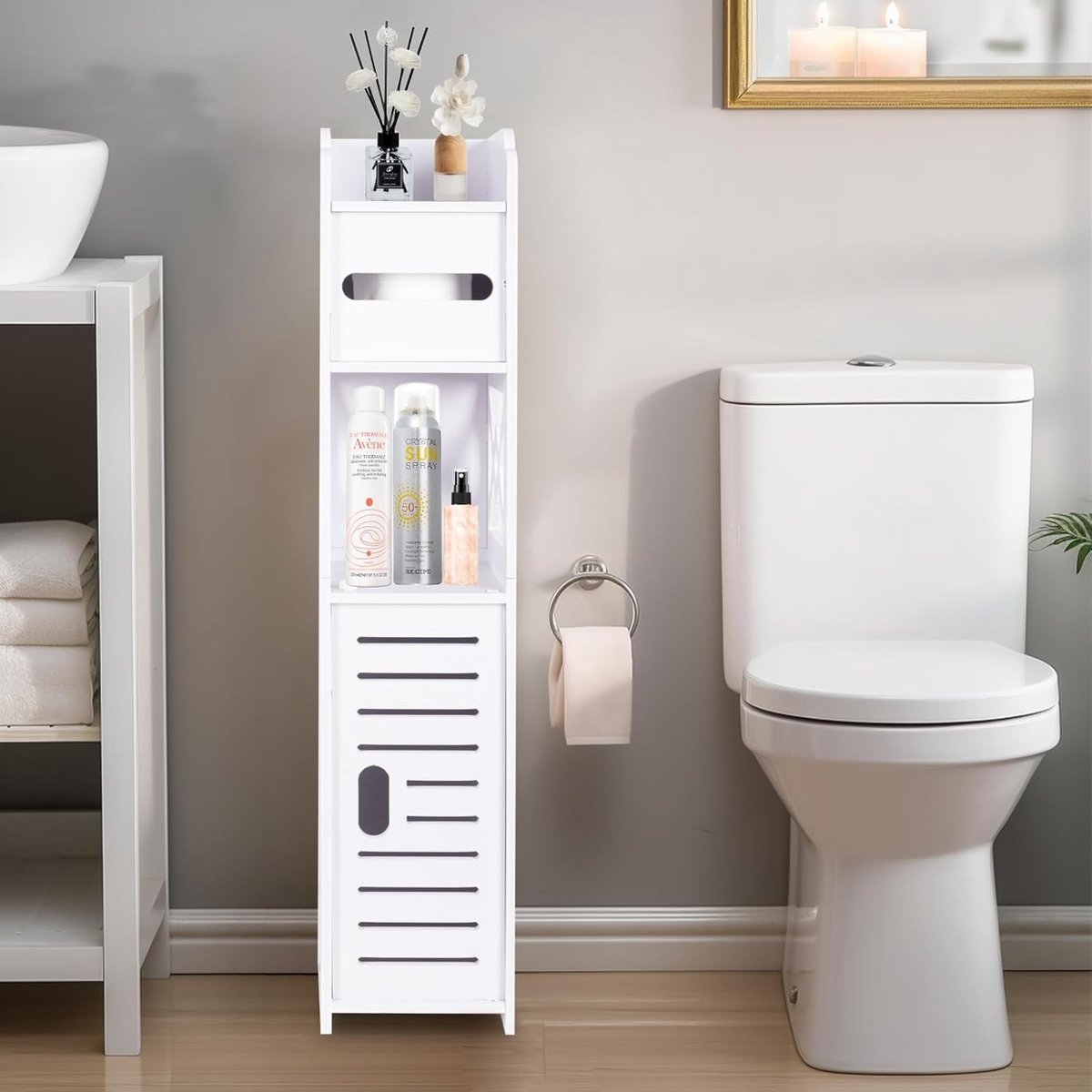 Toiletpapierhouder met Standaard, Kleine Badkameropbergkast met Deuren en Planken, Slimme Opbergoplossing voor Badkamer en Hoekruimtes - Wit