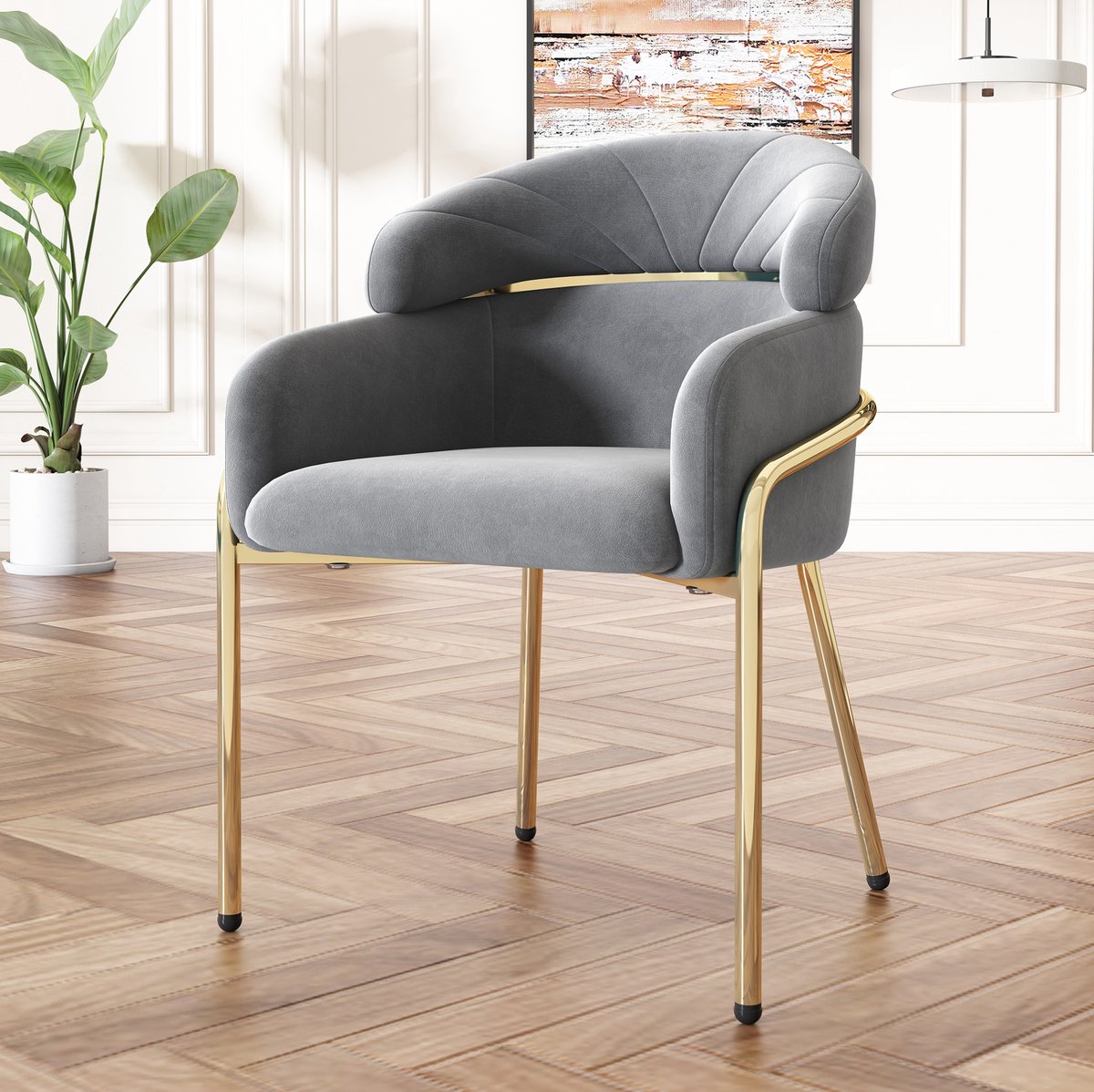 DESMIU Eetkamerstoel 53 x 45 x 79 cm - Comfortabel Met Armleuningen En 4 Metalen Poten - Voor Eetkamer Woonkamer En Slaapkamer - Velvet Grijs