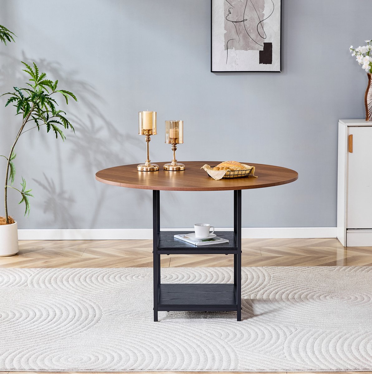 MIVRAY Eettafel - Ronde Eettafel Met Dubbele Open Opbergplank Voor 2 Tot 4 Personen - Industrieel MDF En Metaal - 107x75 Cm - Zwart Walnoot