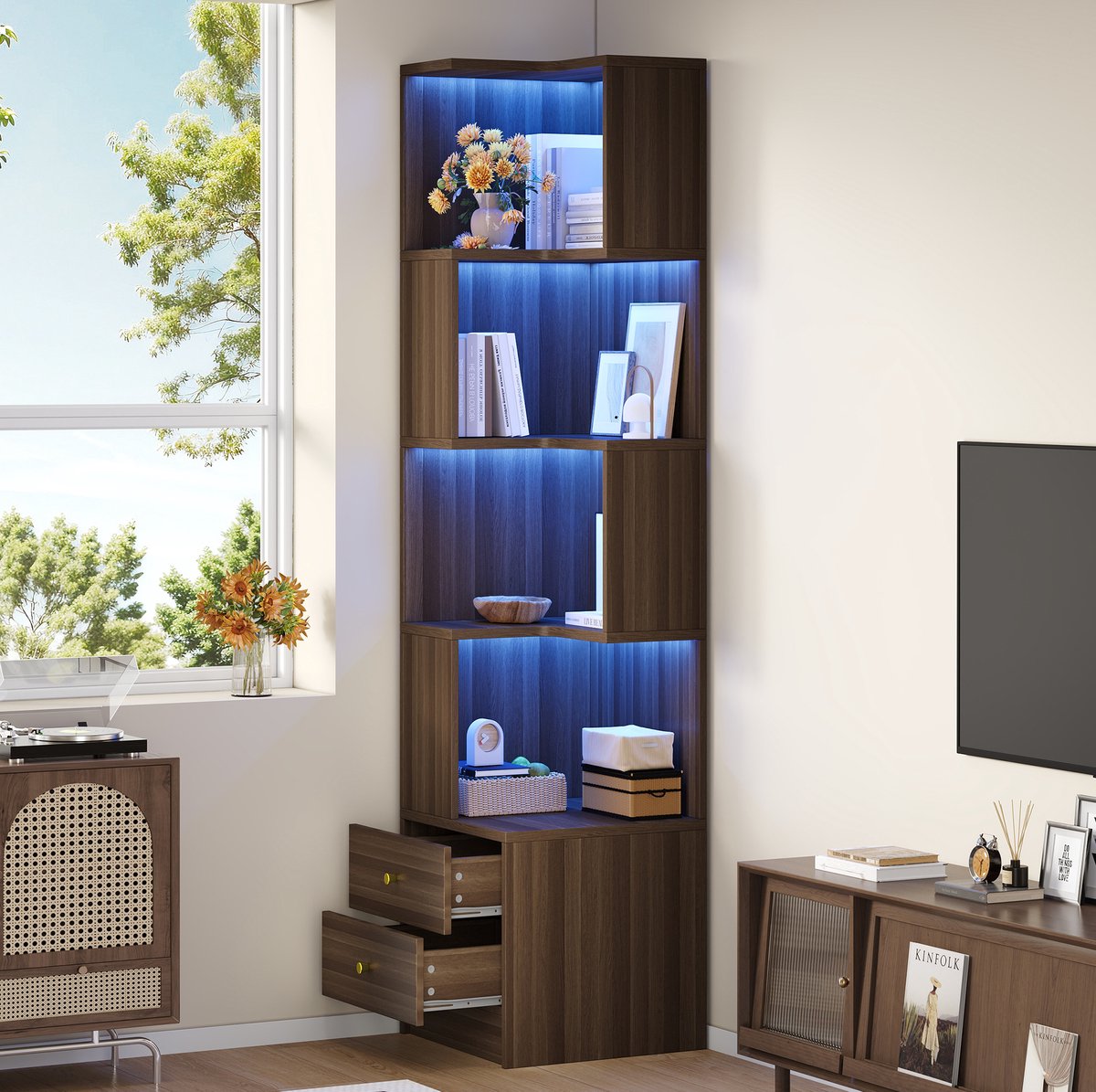 MIVRAY Boekenkast - L-Vormige Hoekkast Met Verlichting En 2 Lades - Voor Woonkamer En Kantoor - MDF - 45 x 43,5 x 180 Cm - Bruin