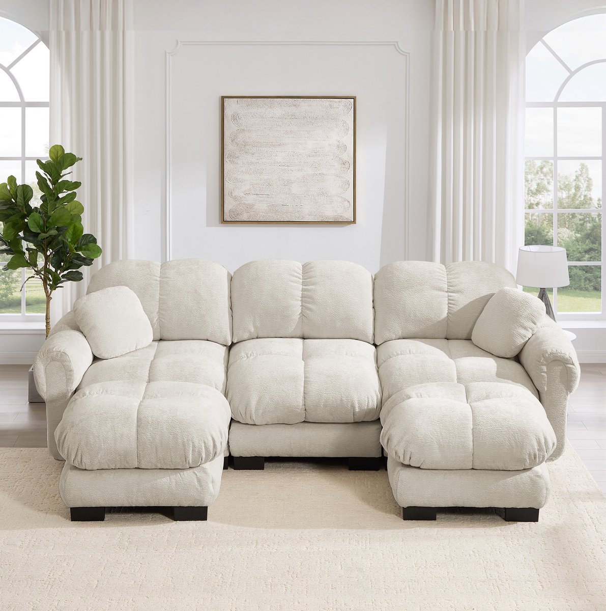 FloraGrace U-Bank – 3-Zits Modulaire Bank Met Mobiele Ottomane – Gestikte Chenille Bekleding Met 2 Sierkussens – Voor Woonkamer – Licht Khaki