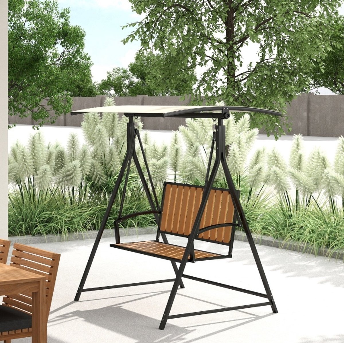 MEUNIQ schommelbank 2-zits 142 x 112 x 162 cm met verstelbaar zonnedak, metalen frame en zitvlak van hout-kunststofcomposiet voor tuin of terras, zwart