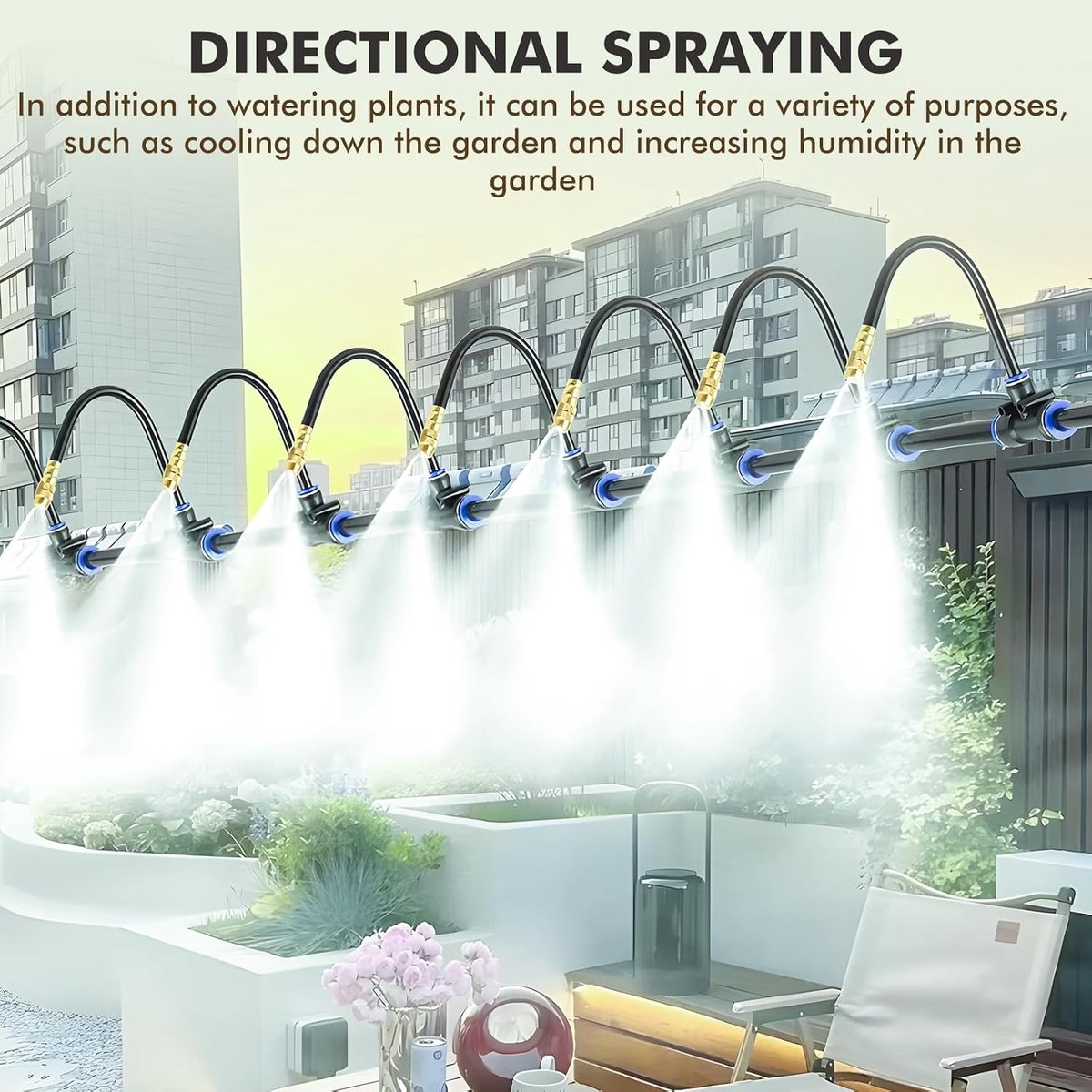 Automatisch 10 meter irrigatiesysteem voor tuin en balkon, 360 graden besproeiing met 10 spuitmondstukken, ideaal voor planten en broeikas