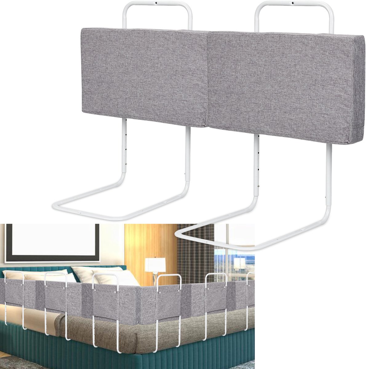 2x Baby bedhek 50 cm - zacht gewatteerde uitvalbeveiliging - hoogte verstelbaar 40-60 cm - Linnenkleur