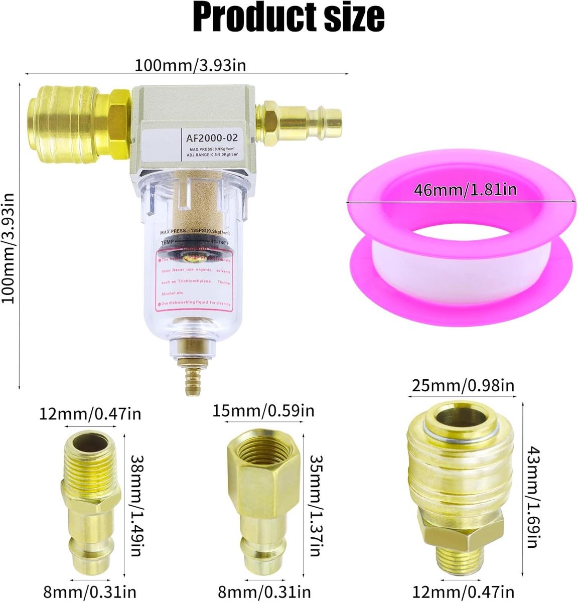 Water-olie afscheider 1/4 inch voor perslucht met 4 snelle koppelingen en Teflon filter voor compressor, ideaal voor luchtcompressoren en luchtbehandeling – foto 5