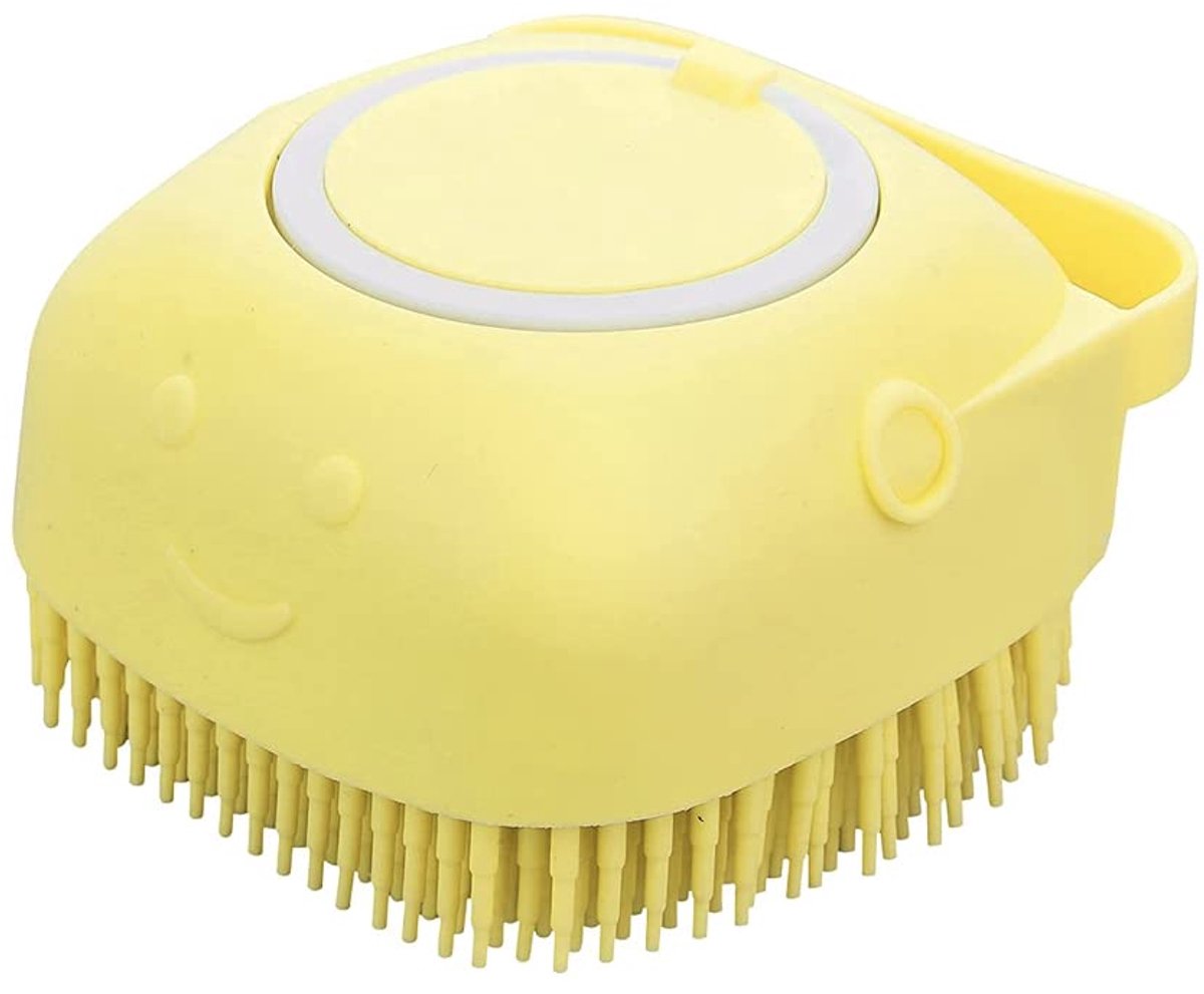 OLOEY Siliconen Wasborstel voor Honden en Katten met Shampoo Dispenser – Zachte Massageborstel – Nat en Droog – Verwijdert Losse Haren - Geel