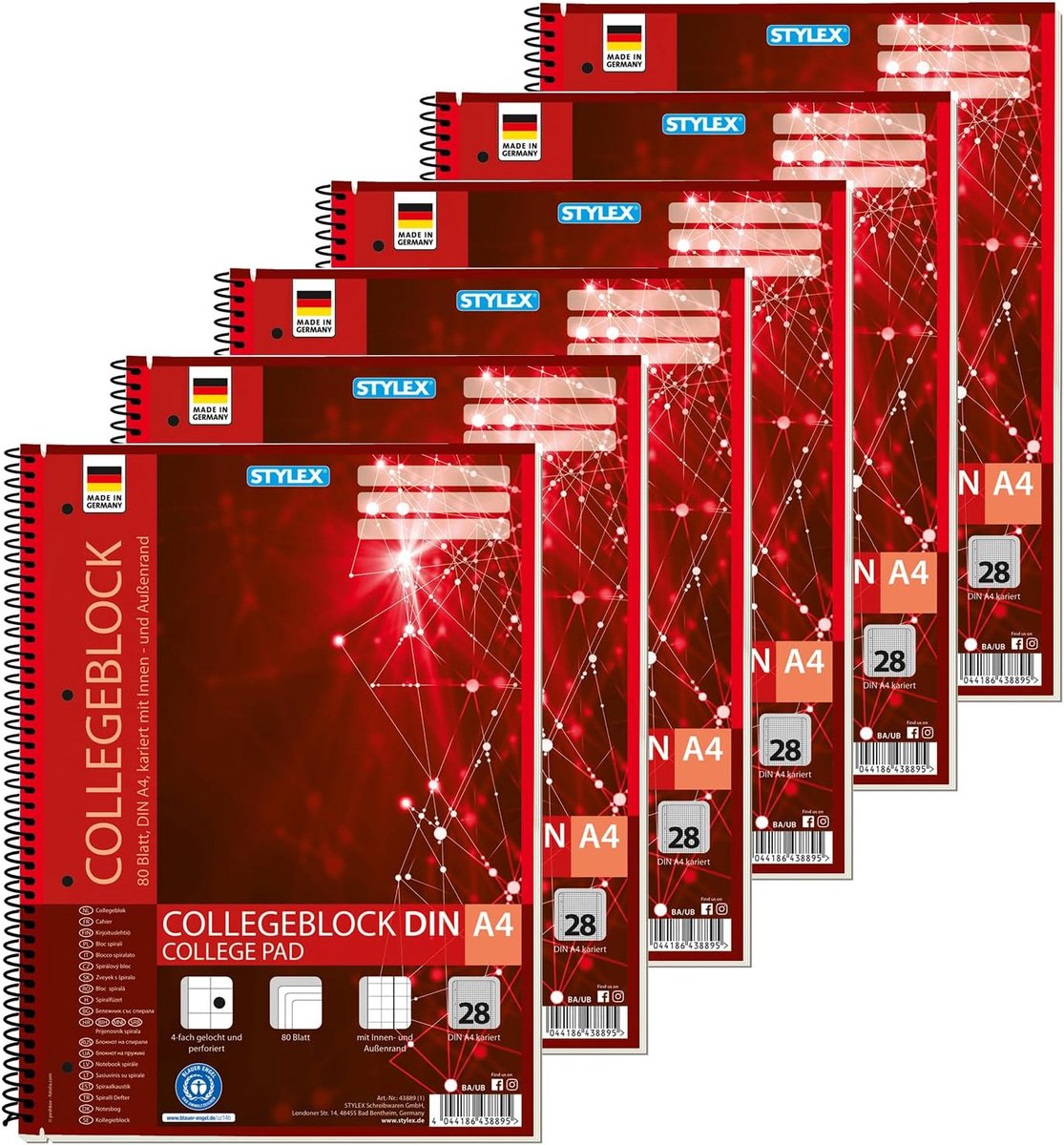 SnelShoppen - College Notebook Spiraalbinding DIN A4 - 80 Vel Ruit - 60 g/m² - 6 Stuks - FSC-gecertificeerd - Perfect voor School, Werk en Notities