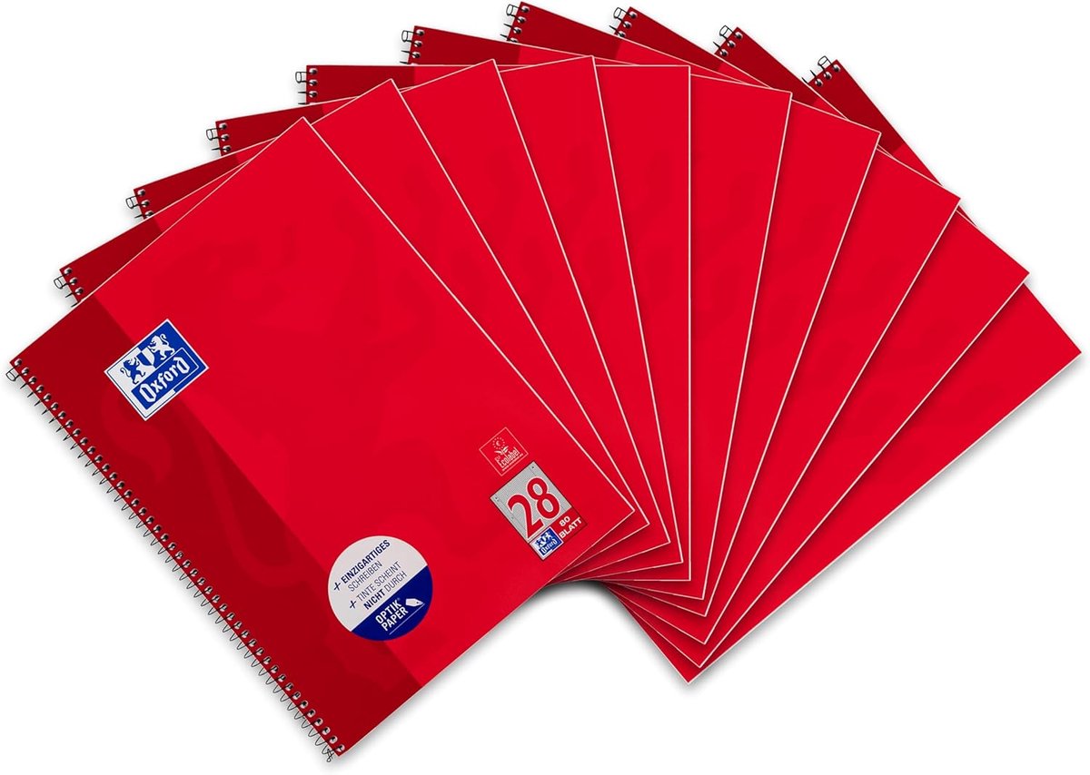 Thijox - Collegeblok A4 Schoolset van 10 Geruit met Dubbele Rand, 80 Vellen Geperforeerd, Rood, Ideaal voor School, Studeren en Notities