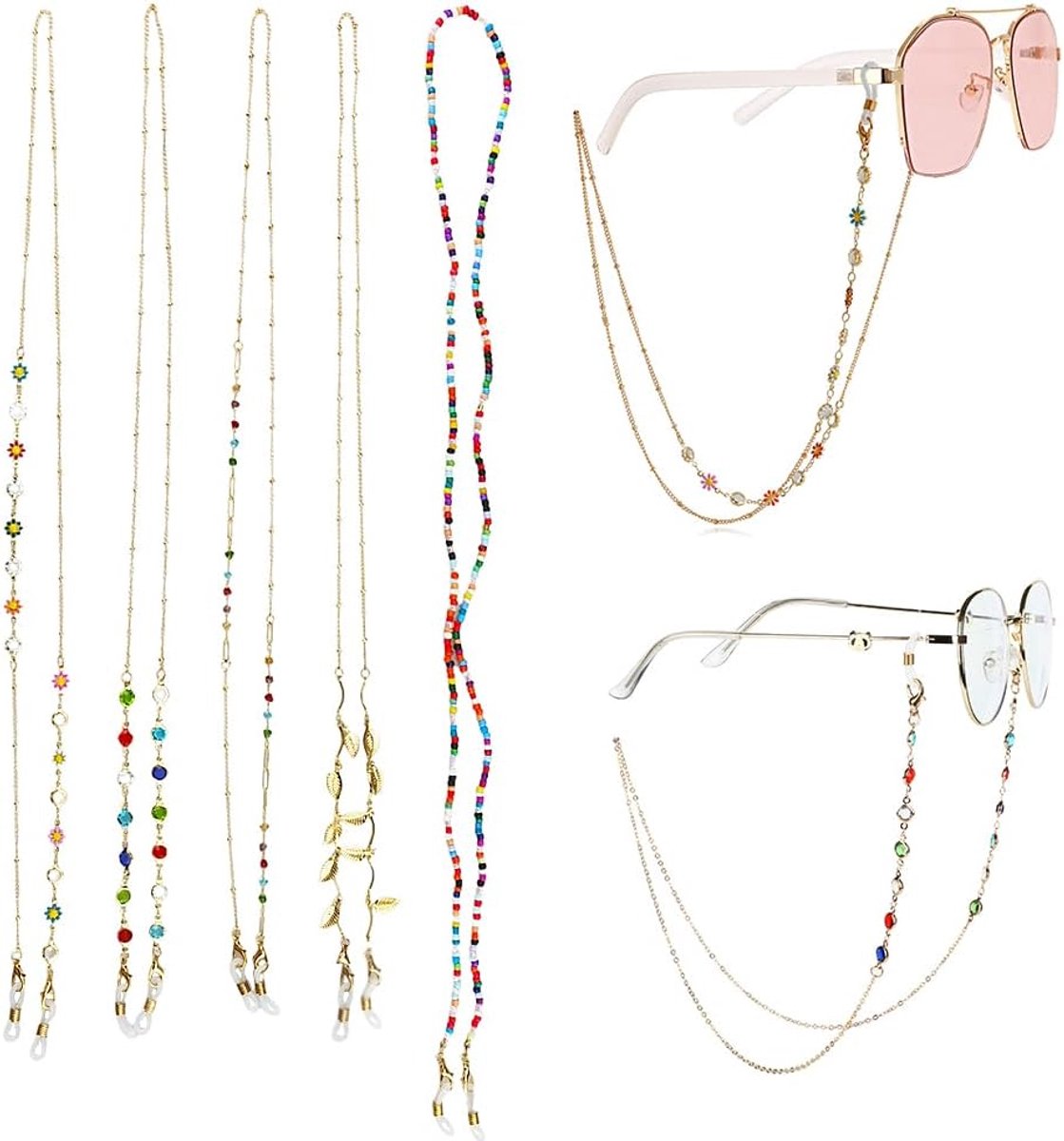 Thijox - 5 Stuks Brillenkoord Verstelbaar, Meerkleurig met Parels - Brilband, Brilketting voor Dames, Perfect voor Feestjes en Dagelijks Gebruik