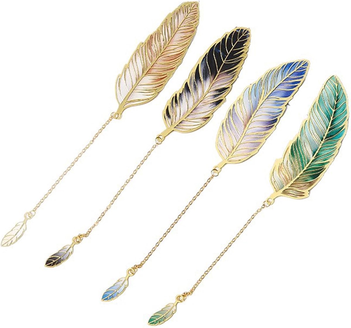 Thijox - Metalen Veer Boekenlegger Set van 4 Gouden Bladwijzers met Ketting en Emaille Motief voor Lezers, School, Kantoor en Cadeaus