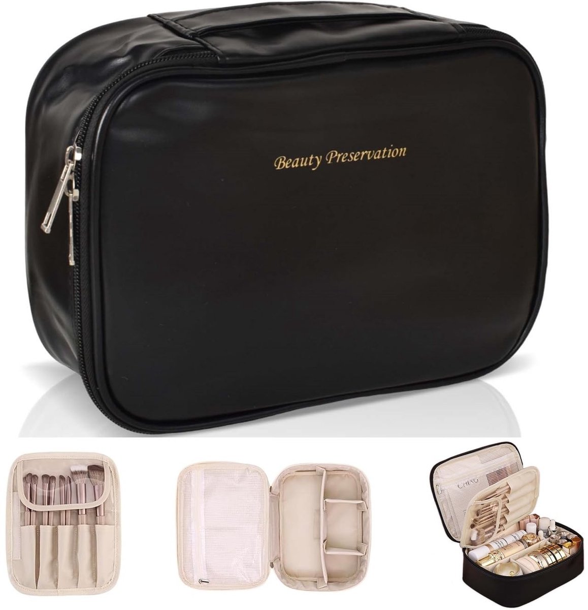Dailygoods - Cosmetische tas voor dames, grote toilettas voor dames met vak voor make-upkwasten, waterdichte make-uptas voor op reis, Zwart, Eenvoudig