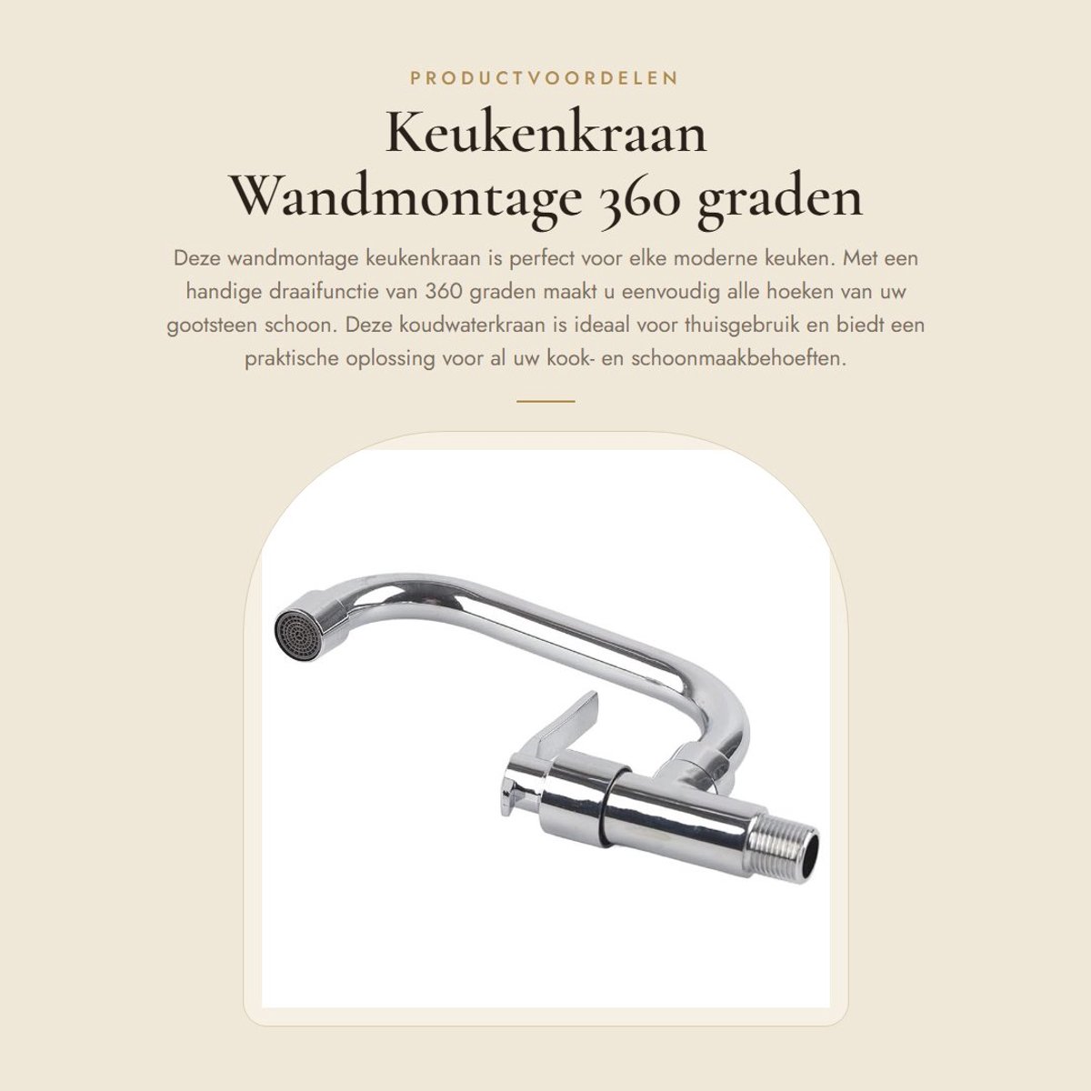 Dailygoods- Keukenkraan Wandmontage - Enkele Koudwaterkraan - 360 Graden Draaiend - Messing Structuur - Roestvrij Staal - Eenvoudig Te Installeren - Waterkraan