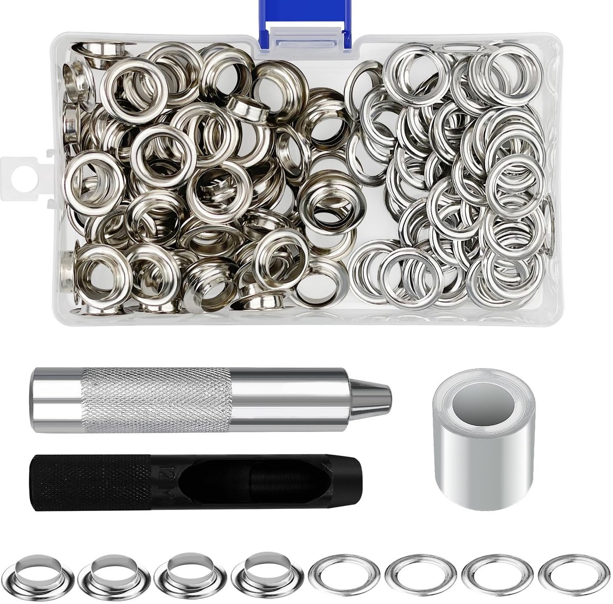 Dailygoods- Ogen Set 100 Stuks - Metalen Ogen 10 mm - Grommetool Kit - Waterdichte Ogen - Gereedschapset - Corrosiebestendig Materiaal - Grommets