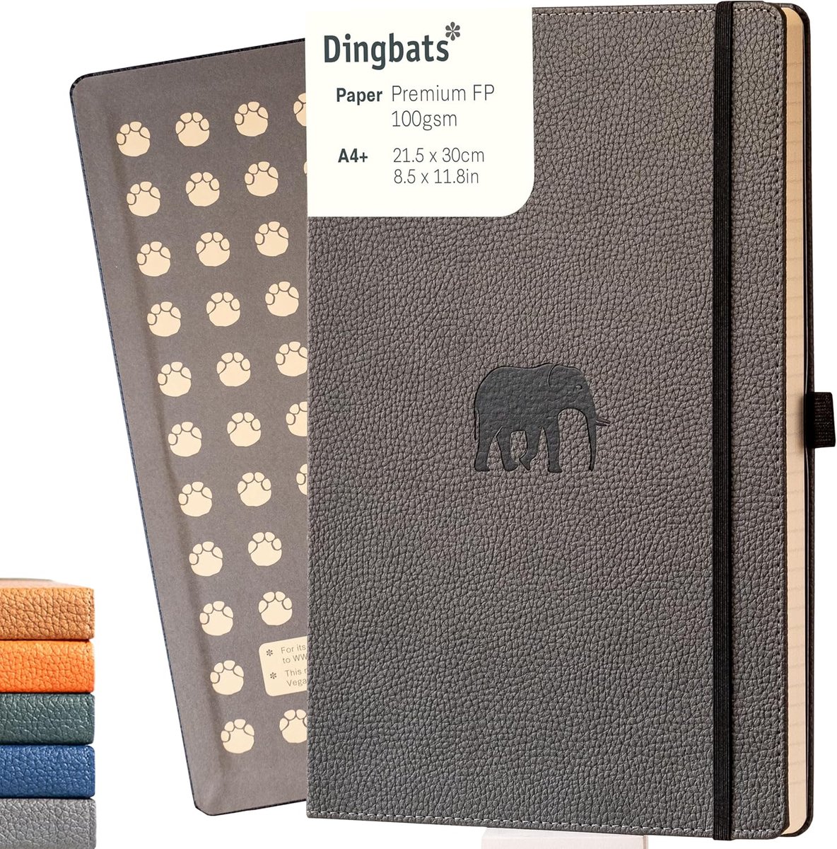 Thijox - Dingbats Wildlife Squared Extra Large Notitieboek A4 Grijze Olifant Hardcover met PU-leer, Geperforeerd Crème 100gsm Inktbestendig Papier voo