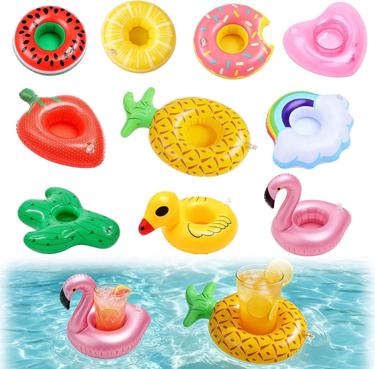 Thijox - 10 Stuks Opblaasbare Bekerhouders Zwembad - Flamingo, Palmboom, Fruit & Dier Motieven - Perfect voor Zomer Feesten, Strand & Zwembad Accessoi