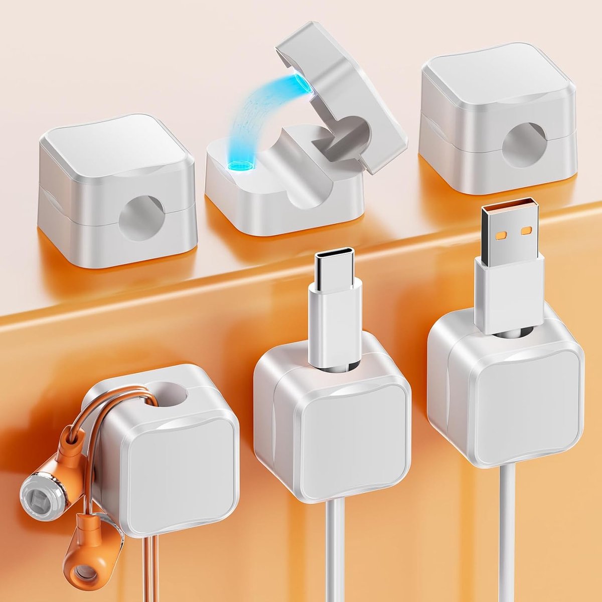 Thijox - 6 Stuks Kabelhouders Magnetisch Zelfklevend Kabelclips Kabelorganizer voor Bureau Nachtkastje Oplaadkabels HDMI USB Audiokabel Wit
