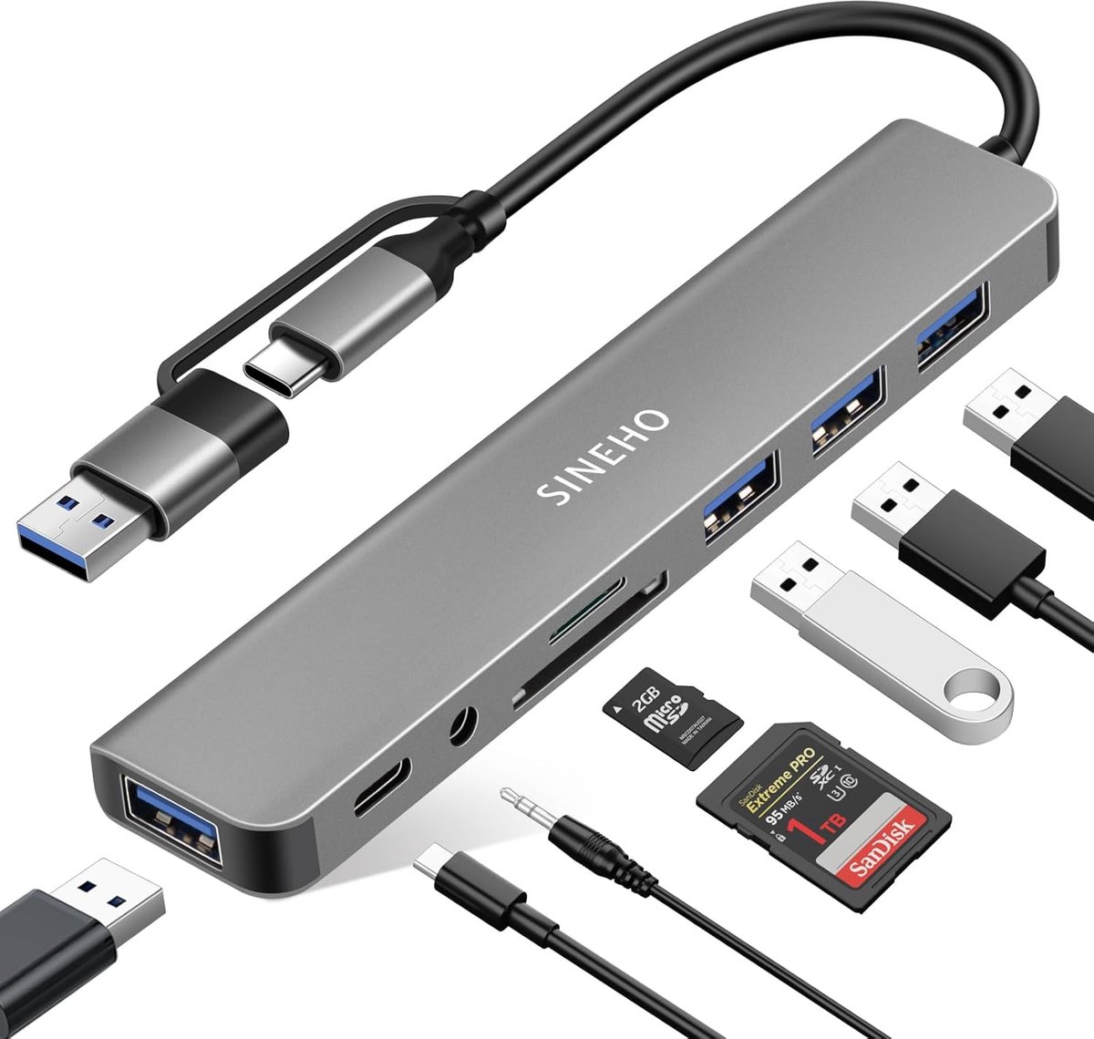 Thijox - 8-in-1 Dual USB Hub met USB 3.0, 3x USB 2.0, USB-C Data, 3.5mm Audio, SD/TF - Ideaal voor MacBook, Laptops, PC en meer
