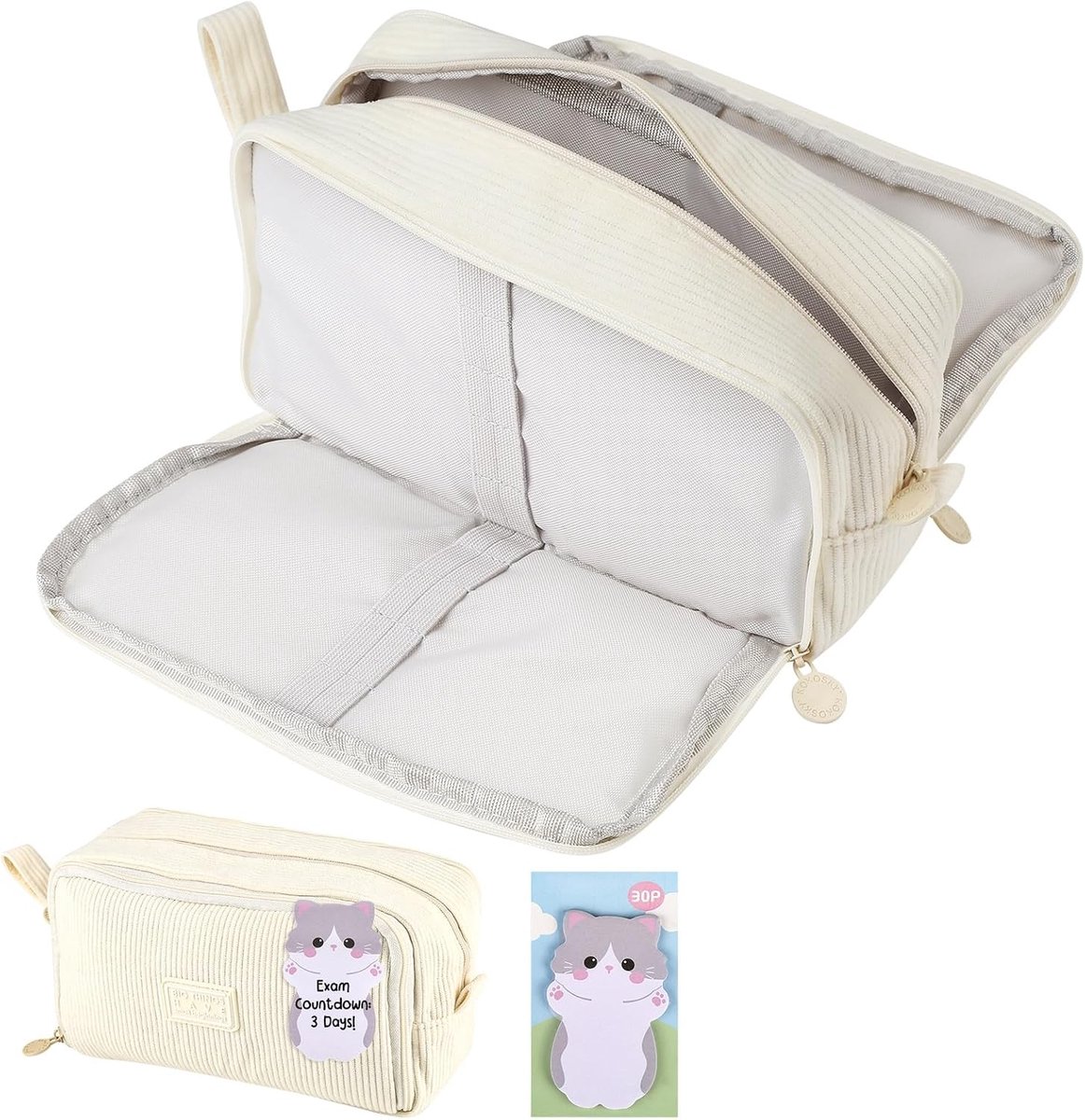 Thijox - Etui Corduroy Grote Capaciteit met Kattennotitieblaadjes, 22,5 x 12 x 8 cm, Beige, Draagbaar Etui voor Schrijfwaren, Cosmetica en Gereedschap