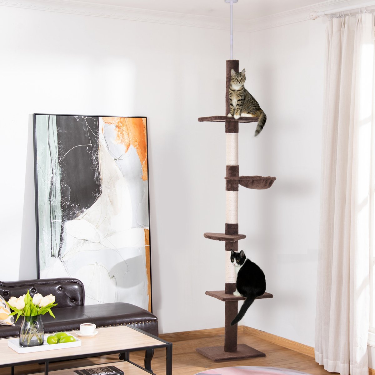 HAUSS SPOLE Krabpaal – Hoogteverstelbaar 230-260 Cm – 40 x 34 Cm – Spaanplaat Met Sisal En Pluche – Bruin – Dekenhoog Klimmen En Krabben