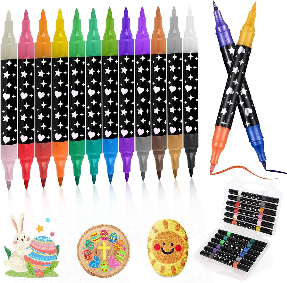 Thijox - 12 Dubbelgepunte Glitterpennen - 24 Kleuren Metallic Glitter Viltstiften - Ideaal voor Kinderen, Scrapbooking, Verjaardagskaarten en Creatief