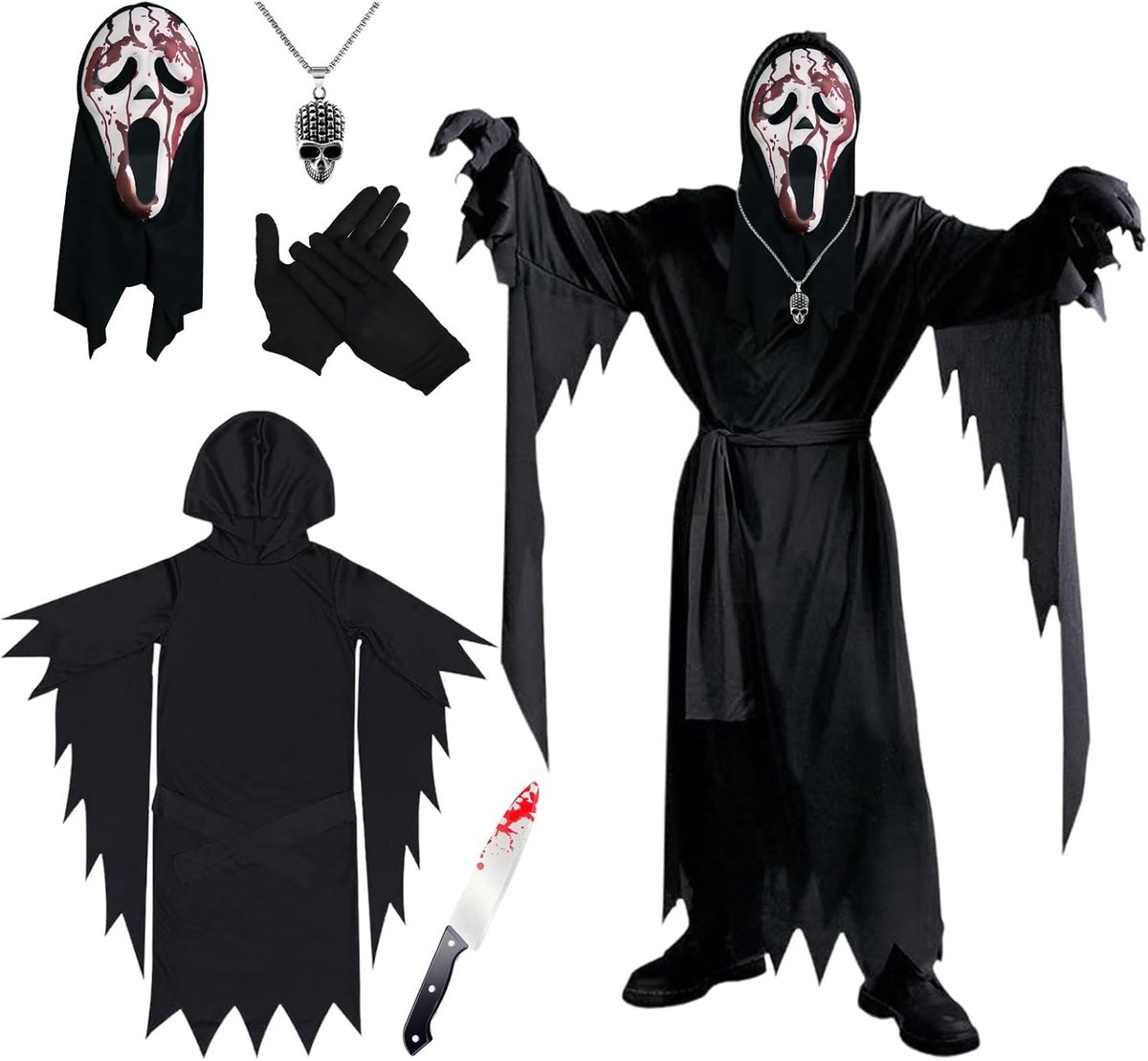 Halloween Ghostface Kostuum voor Volwassenen, Scream Outfit, Eng Spook Kostuum voor Feestjes en Verkleedpartijen