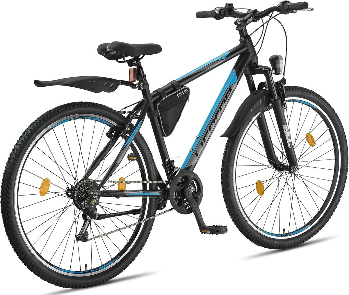 SnelShoppen - Premium Mountainbike 29" Met Vering Voor Volwassenen en Tieners - Zwart/Blauw - Met Schijfremmen - Ideaal Voor Avontuurlijke Fietstochte