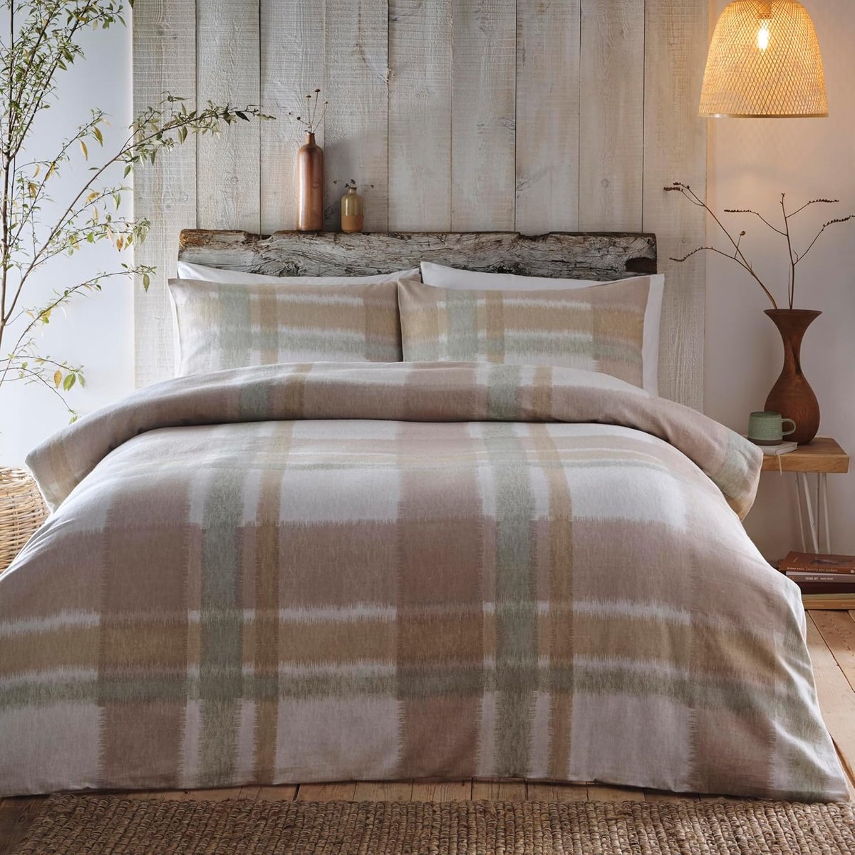 Dekbedovertrek super kingsize 260 x 220 cm - natuurlijk flanel - lichtbruin en groen tartan - superzacht katoen - SnelShoppen