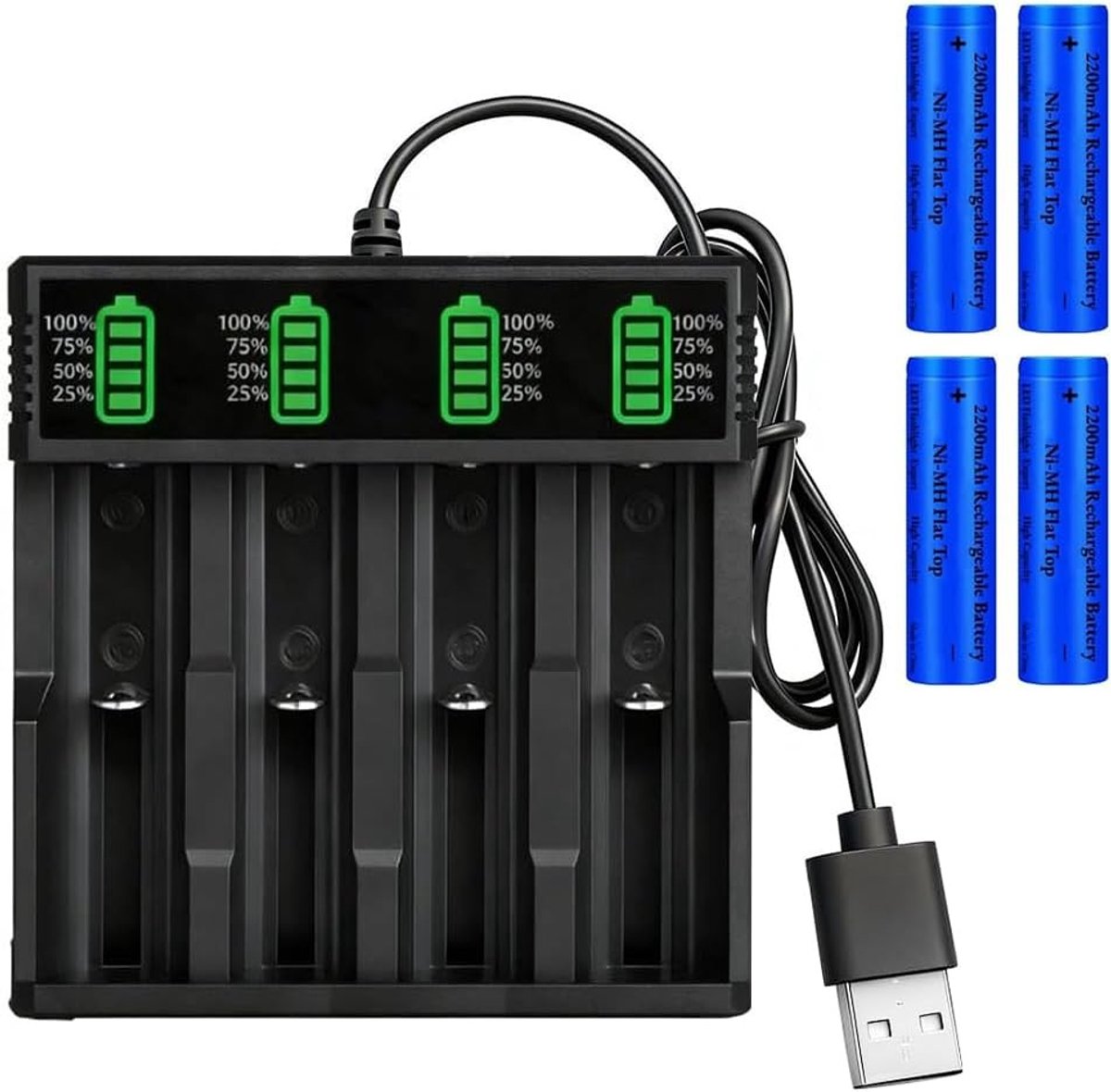 Oplaadbare 3.7V NiMH batterijen 2200 mAh - 4 stuks met oplader voor zaklamp, camera en ventilator