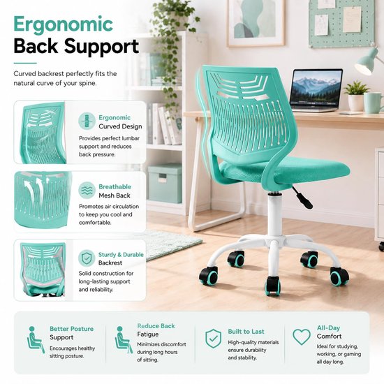 SnelShoppen - Gaming stoel voor kinderen, ergonomisch bureaustoel met zithoogteverstelling, mouwloos design, rubberen wielen, turquoise F voor gamers van snelshoppen — afbeelding 2